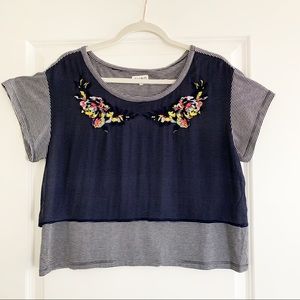 SUNO Crop Top Embroidered Silk Overlay Striped S